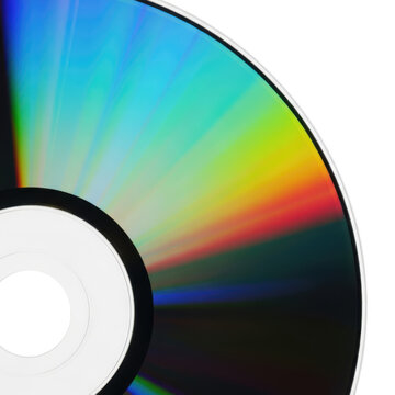 Close-up view of a shiny cd or dvd with colorful rainbow iridescent reflections on a white surface