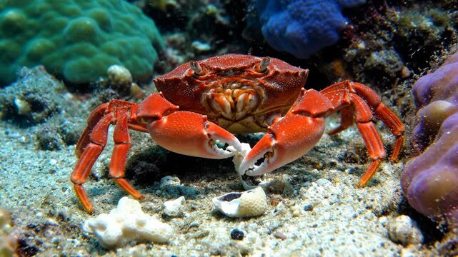 Crab actively feeding on shellfish among colorful coral reef. Underwater setting showcases vibrant marine life. Concept of marine biology, environmental education, ocean health