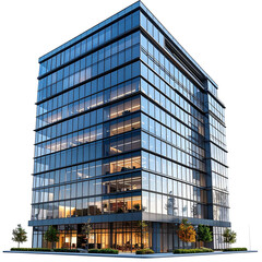 Fototapeta premium Modern high-rise office building with reflective glass facade and interior lights