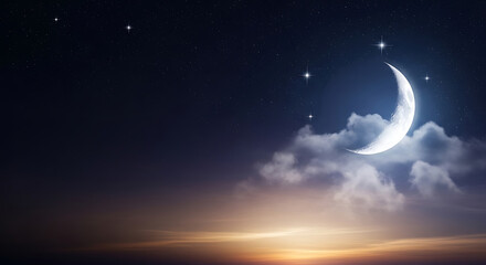 Backdrop for Ramadan Kareem Celebration Banner with Mosque Silhouette under Crescent Moon and Clouds in a Photorealistic High-Resolution Night Sky