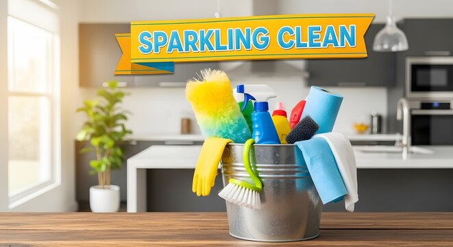 Sparkling clean home essentials basket brimming with colorful cleaning supplies ready for a spotless kitchen transformation