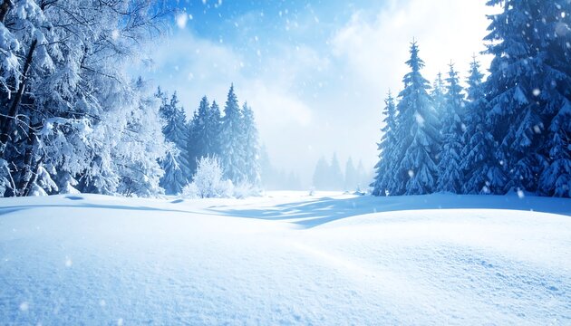 A serene winter scene unfolds as snow-laden evergreen trees stand amidst a snowy field, with sunlight streaming through the falling flakes - Powered by Adobe