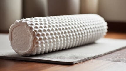 Textured foam roller on exercise mat in natural light setting