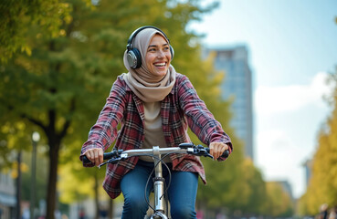 Young woman wearing hijab rides bicycle with headphones on in city park. She smiles and looks aside enjoying the sunny day outdoors and listening to music. Active urban lifestyle concept.