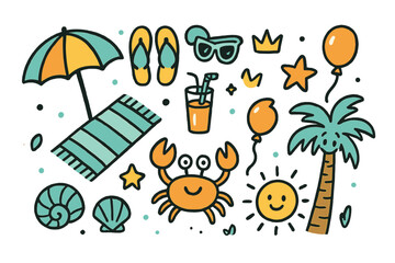 Fototapeta premium Beach Vacation Icons. Beach vacation doodle icon set: hand drawn icons of umbrella, towel, flip flops, sunglasses, juice, crown,