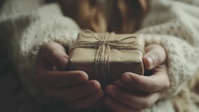 Close-up of hands in warm sweater holding small rustic gift wrapped in brown paper and twine