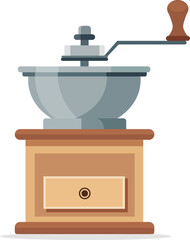 Illustration of a vintage coffee grinder with a wooden base, metal bowl, and handle.