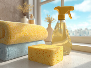 Bright bathroom scene with sponge, spray bottle, and folded towels on a countertop, hyper-realistic cleanliness concept