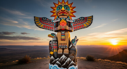 Colorful carved pole with sun and animal figures at sunset.