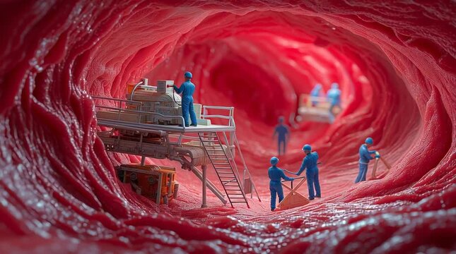 Miniature construction workers in surreal medical fantasy scene, actively engaging in tasks within vibrant, environment, camera zooms in. cleaning arteries from cholesterol clots cleaning from clots.
