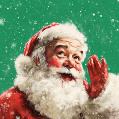 Santa Claus waving cheerfully in the snow against a green background  