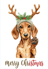 Cute dog wearing reindeer antlers and Christmas hat waving paw