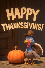 Cartoon turkey wearing a hat beside a pumpkin with Thanksgiving greeting  