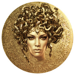 Golden sculpture of a woman with snake hair in ornate design  