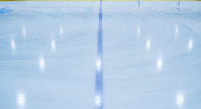 Clean, freshly Zambonied ice surface in a professional hockey arena awaits game day action