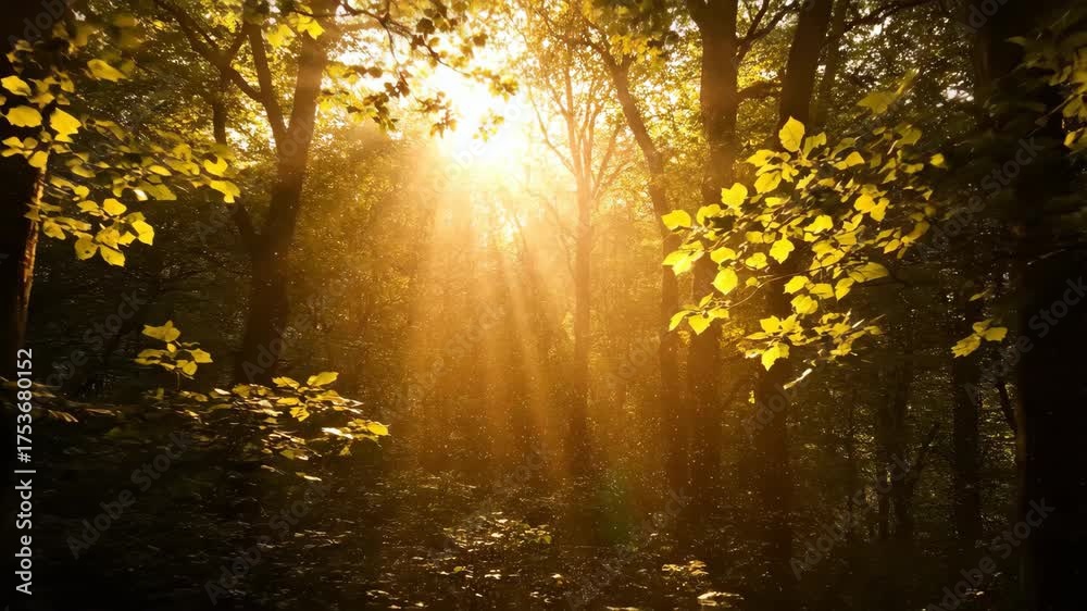 Poster golden sunlight rays filtering slowly through a dense forest canopy, highlighting dust particles in 