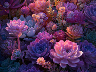 Exotic pink and purple succulents glowing under soft sunset light in a botanical garden