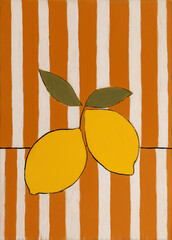 Two yellow lemons on striped orange background  
