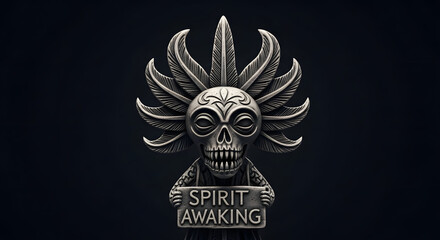 Spooky skull figure with feather headdress holds a sign.