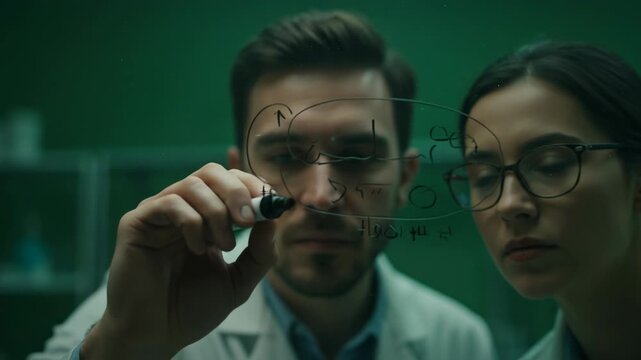 Two scientists analyzing chemical formulas on a glass surface - Powered by Adobe