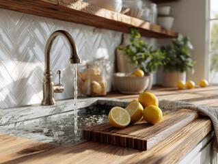 Kitchen sink with running water, fresh lemons and cutting board nearby, clean bright aesthetic