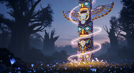Ornate totem pole glows brightly in a magical forest setting.