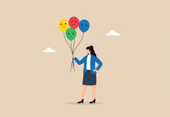 Flat illustration of businesswoman holding balloons with different facial expressions symbolizing emotional diversity mood swings and mental health awareness