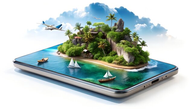 A tropical island paradise with palm trees and boats appears on a smartphone screen, isolated on white background