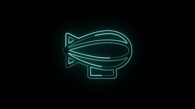 Glowing neon line zeppelin with smooth floating motion. Airship animation HD video isolated on black background.