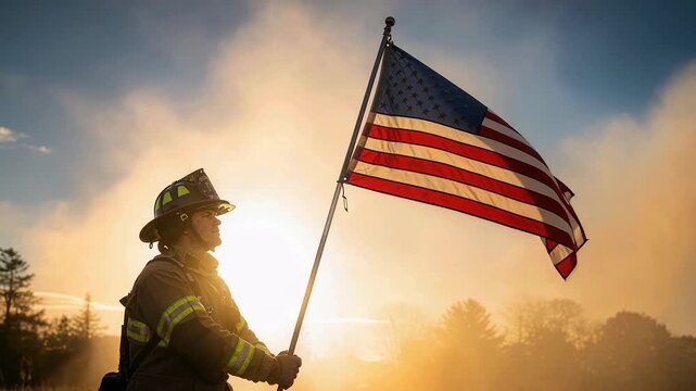Heroic firefighter raises American flag triumphantly against dramatic smoky sunset backdrop after battling dangerous forest fire emergency