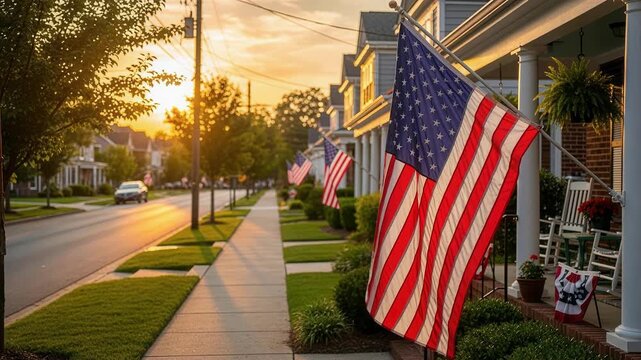 American flag waves gracefully in golden hour light on peaceful tree-lined suburban street representing community pride and patriotic values