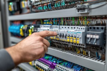 Working on an electrical panel, a technician checks the connections in a control room during a routine maintenance check