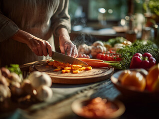 Person’s hands slicing vegetables in a sunny kitchen, natural light,