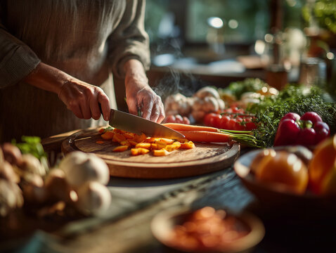 Person’s hands slicing vegetables in a sunny kitchen, natural light, - Powered by Adobe