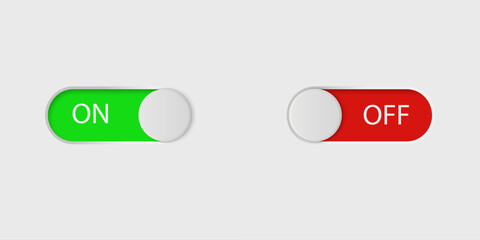 On and Off slider buttons. 3D red and green switch interface buttons on light background. Open and close UI icons. Active and inactive icon.  Toggle buttons ON/OFF. Vector illustration
