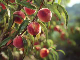 Ripe peaches on a tree with fuzzy texture detail, sunlight filtering through orchard branches