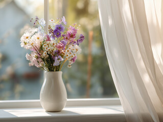 Simple vase with fresh flowers on a white windowsill, soft breeze moving curtains