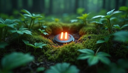 Glowing pause symbol embedded in rich green moss, plants in forest. Illuminated button in nature represents digital tech. Tech concept of eco-friendly interface. Symbolism for stop or media control.