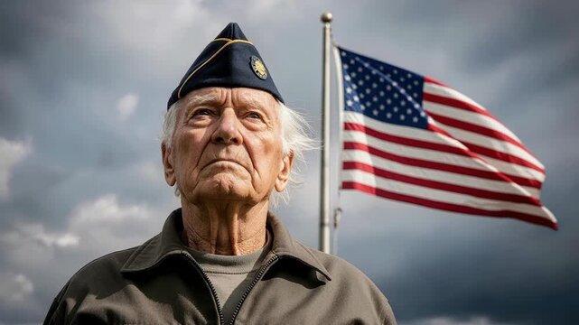 Elderly military veteran salutes American flag with quiet dignity and respect under dramatic storm clouds showcasing lifelong patriotic devotion