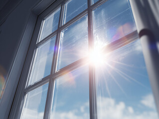 Sunlit window with streak-free shine, visible reflections of sky, subtle lens flare, cinematic ultra-realistic detail