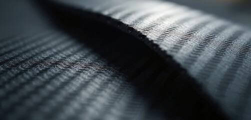 Close up photo of carbon fiber weave. The texture details pattern. Dark gray abstract background with lines curves. Material design for engineering and high tech.