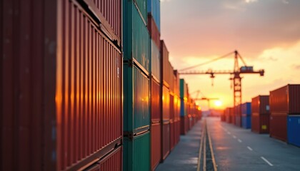 Obraz premium Cargo containers stack in sea port terminal at sunset. Import export logistics, transport. Industrial port container yard. Global trade supply chain business. Freight shipping distribution at harbor.