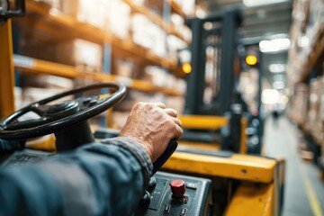 Forklift operator handling equipment in a busy warehouse during the day