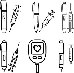 Insulin pen line art diabetes medical equipment vector