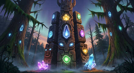 Mystical totem with glowing crystals stands in an ancient enchanted forest.
