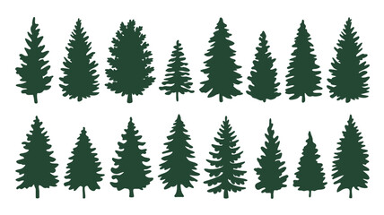 Fototapeta premium Diverse collection of dark green pine tree silhouettes in various sizes and shapes