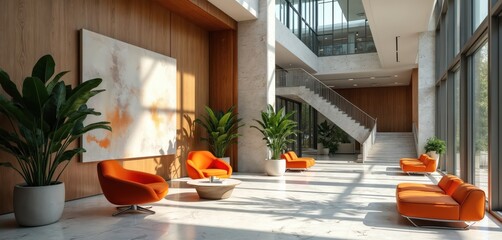 Bright office hall with marble floor shows modern interior. Orange chairs are in waiting area near plant pots. Big windows, artwork and stairs add style to design.
