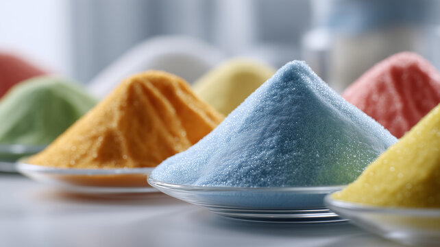 Plates of granulated additives arranged for ingredient formulation, illustrating processing for food technology detergent production and versatile chemical research applications.
