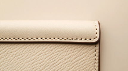 Closeup of a textured, light-colored leather item with detailed stitching. The neutral palette highlights the craftsmanship and quality of the leather work.