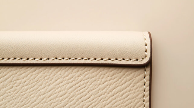 Closeup of a textured, light-colored leather item with detailed stitching. The neutral palette highlights the craftsmanship and quality of the leather work.